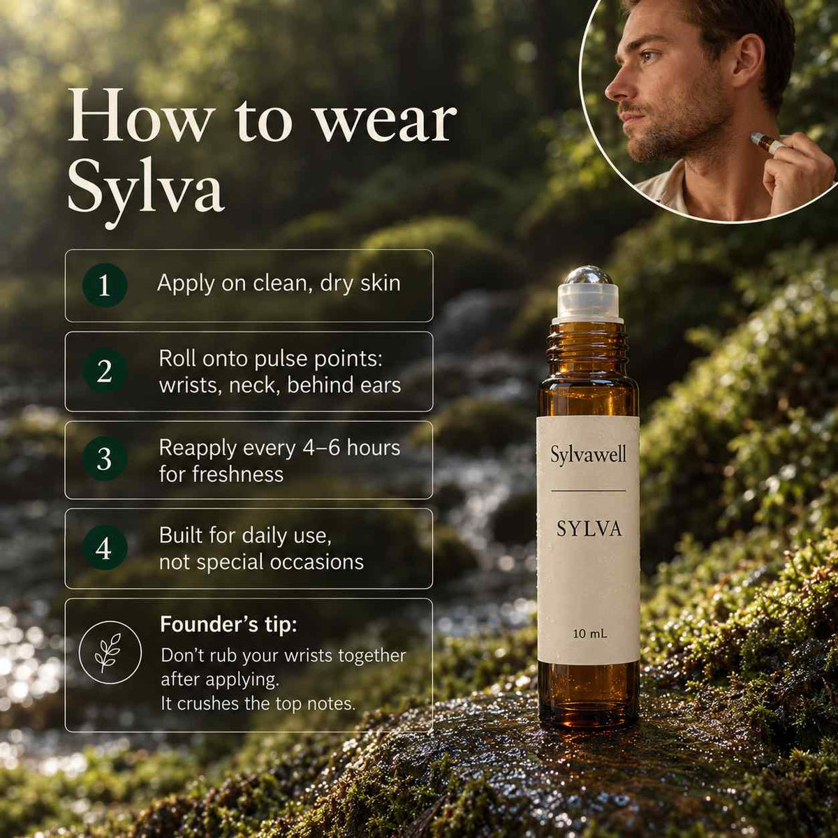 Sylvawell SYLVA roller bottle with usage instructions on a natural background