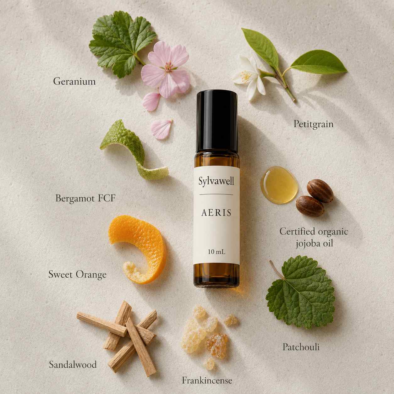 Sylvawell Aeris ingredients - geranium, sandalwood, bergamot, sweet orange, patchouli essential oils