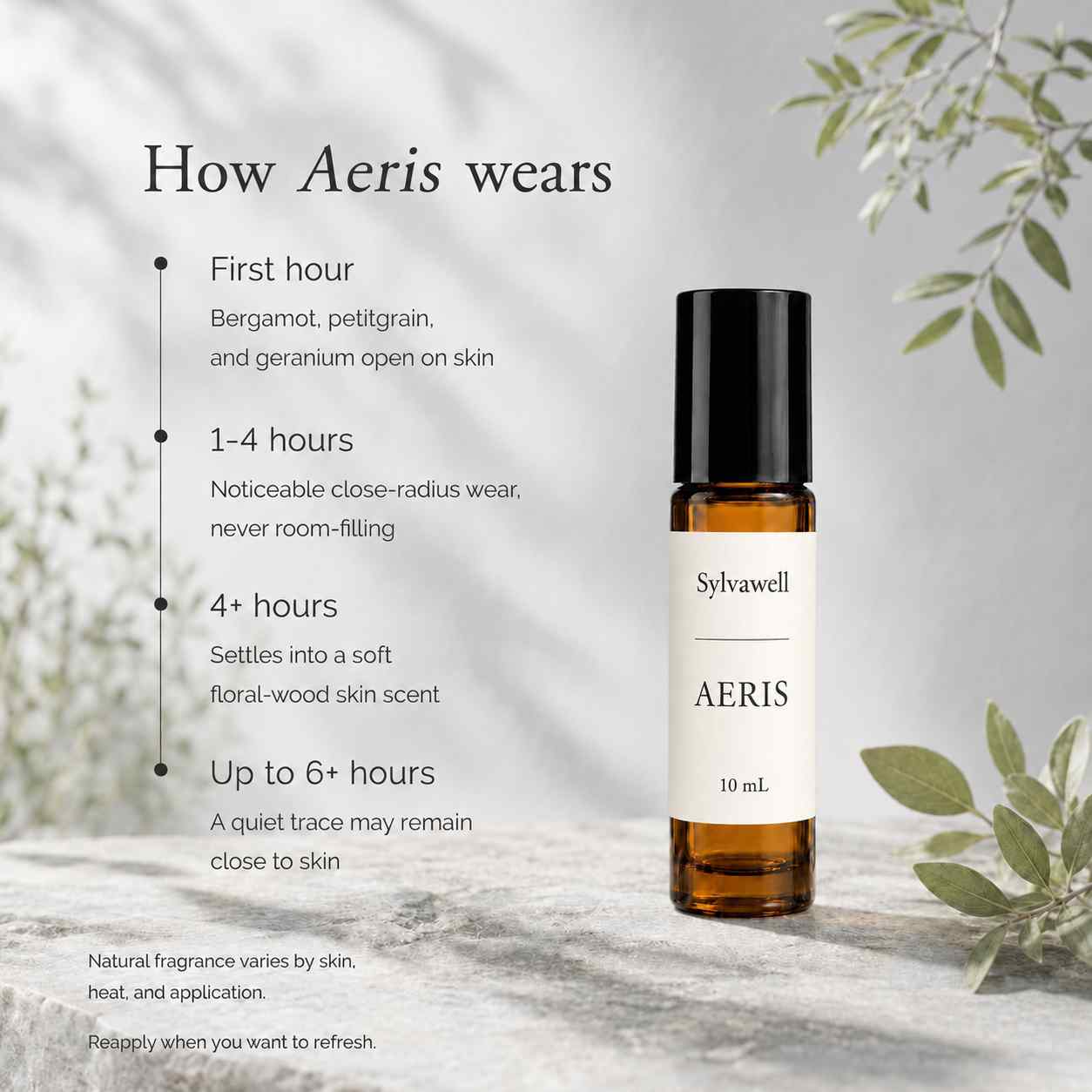 Sylvawell Aeris wear timeline - projects 1 to 4 hours, settles to a warm skin scent, lasts up to 6 hours close to skin