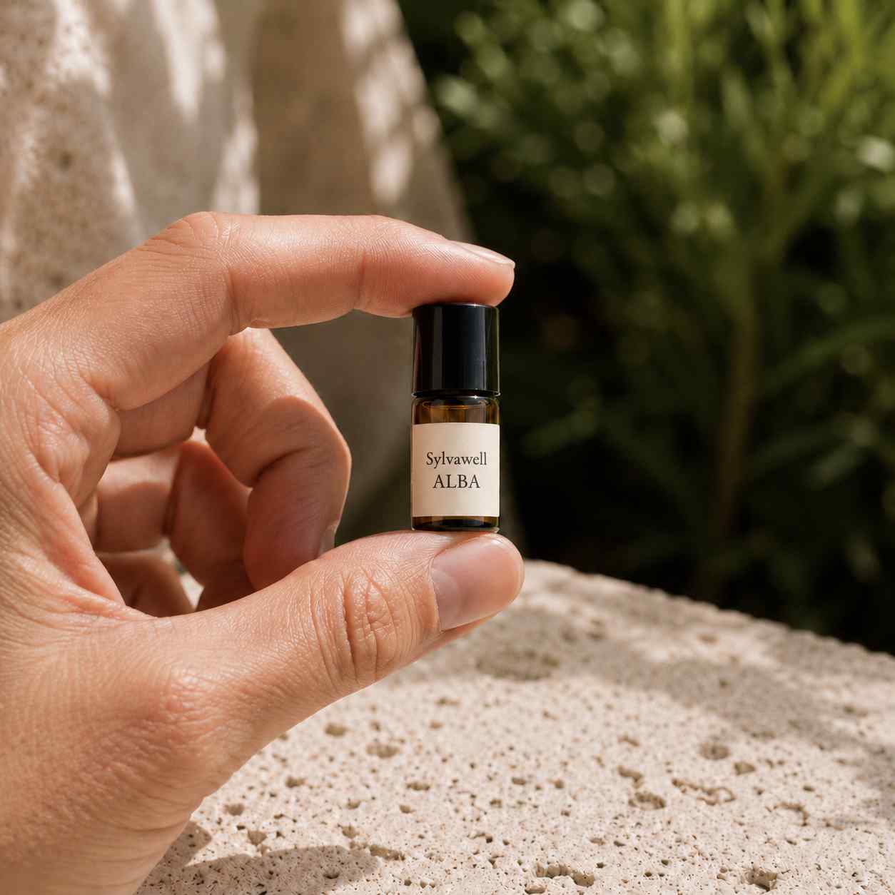 Sylvawell Alba 2 mL natural fragrance vial held in hand from the Discovery Set