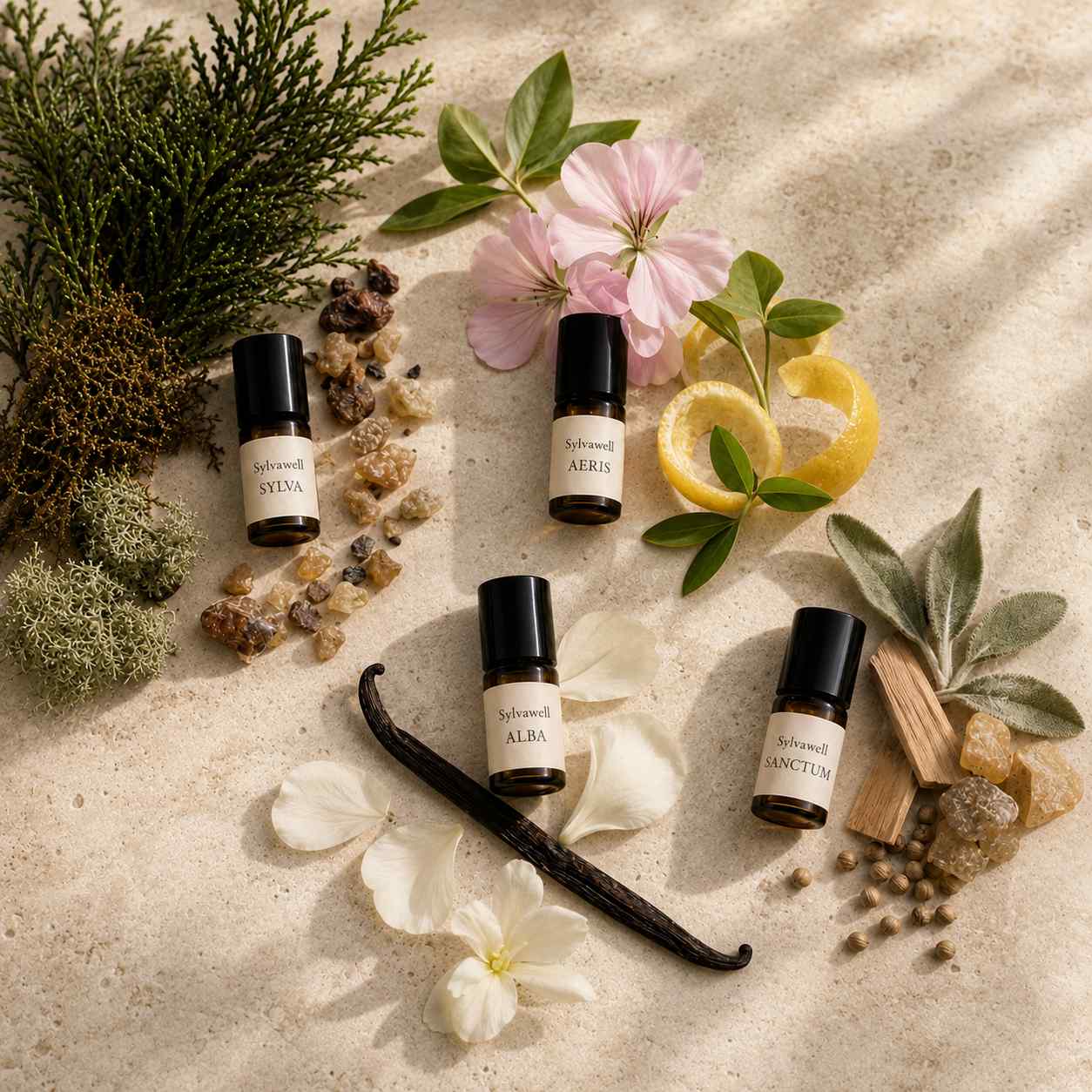 Sylvawell Discovery Set with four natural fragrance vials in an ingredient flat lay featuring Sylva, Aeris, Alba and Sanctum