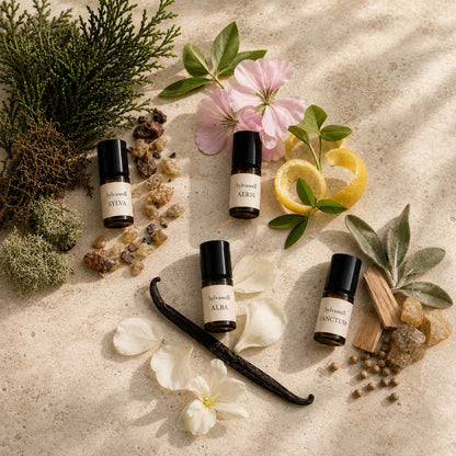 Sylvawell Discovery Set with four natural fragrance vials in an ingredient flat lay featuring Sylva, Aeris, Alba and Sanctum