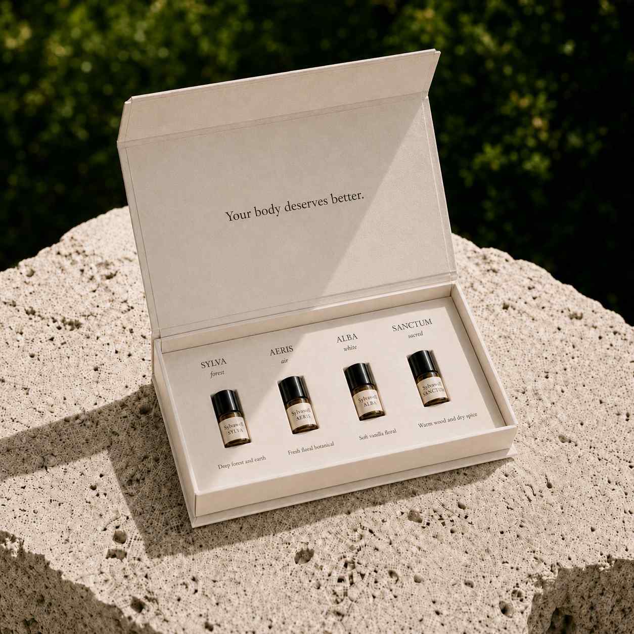 Sylvawell Discovery Set - four 2ml natural fragrance roll-ons in open box, essential oil perfume sampler Australia