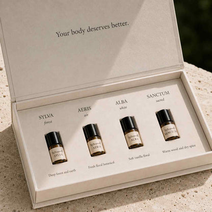 Sylvawell Discovery Set open box outdoors with four 2 mL natural fragrance vials