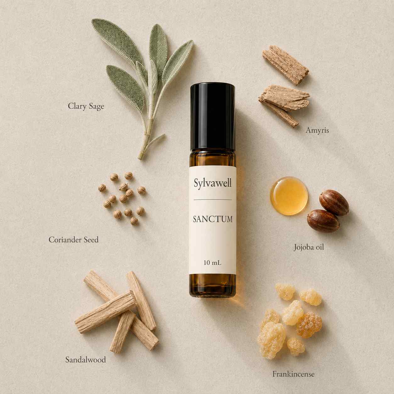 Sylvawell Sanctum natural fragrance ingredients frankincense, sandalwood, amyris, coriander seed and clary sage