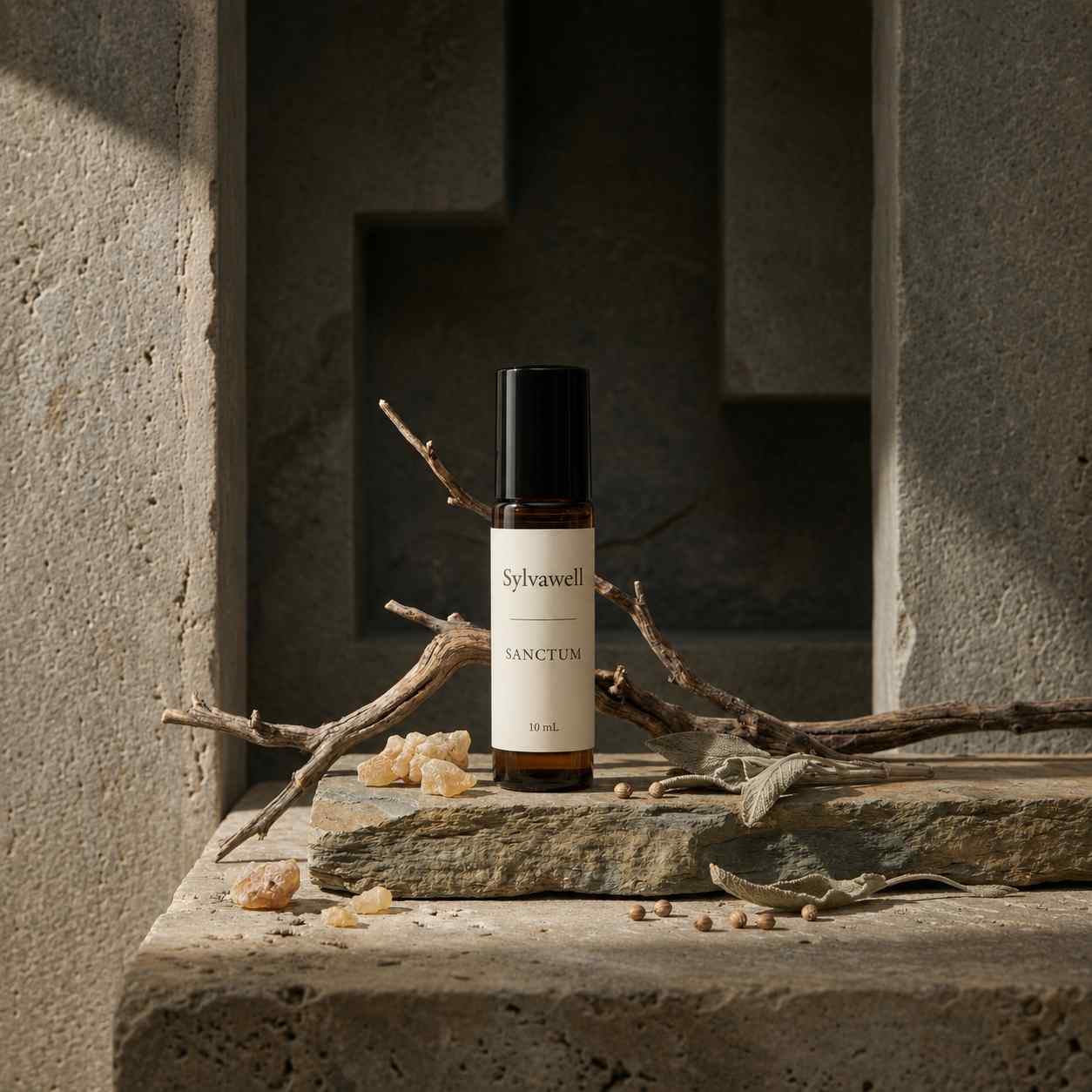 Sylvawell Sanctum natural perfume on ancient stone with frankincense resin - sandalwood, amyris and clary sage