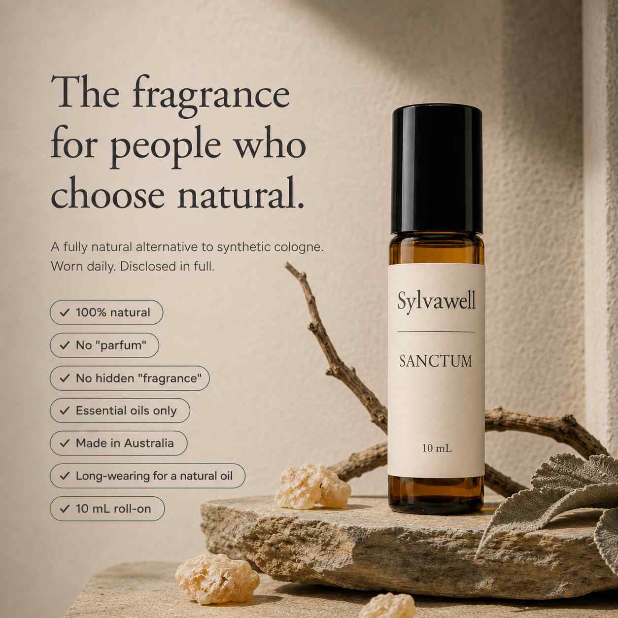 Sylvawell Sanctum natural essential oil roll-on perfume application guide, synthetic-free fragrance made in Australia