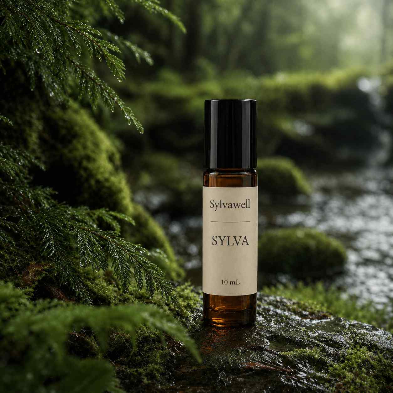 Sylvawell Sylva natural perfume roll-on in mossy forest - resinous cedarwood, frankincense and patchouli scent
