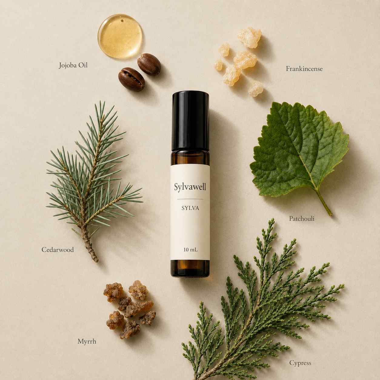 Sylvawell Sylva ingredients - patchouli, cedarwood, frankincense, myrrh, cypress essential oils in jojoba