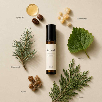 Sylvawell Sylva ingredients - patchouli, cedarwood, frankincense, myrrh, cypress essential oils in jojoba