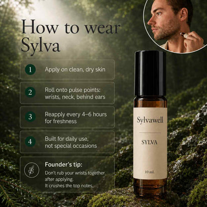 Sylvawell SYLVA roller bottle with usage instructions on a natural background