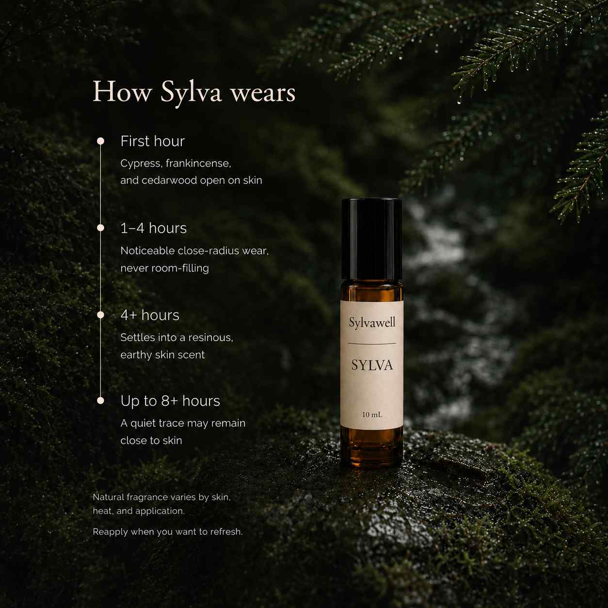 Sylvawell Sylva wear timeline - projects 1 to 4 hours, settles to a warm skin scent, lasts up to 8+ hours close to skin