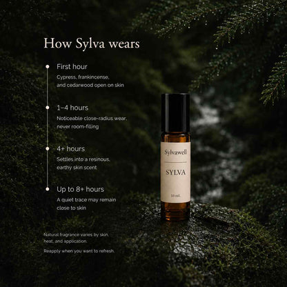Sylvawell Sylva wear timeline - projects 1 to 4 hours, settles to a warm skin scent, lasts up to 8+ hours close to skin
